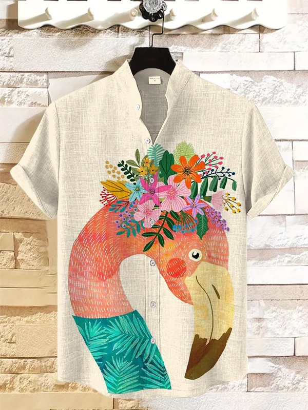 Men's Flower Crown Flamingo Watercolor Art Print Casual Linen Blend Shirt