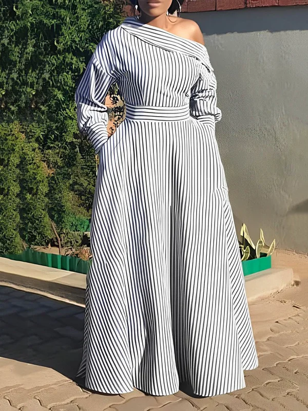 Striped Long Sleeves Loose One-Shoulder Maxi Dresses