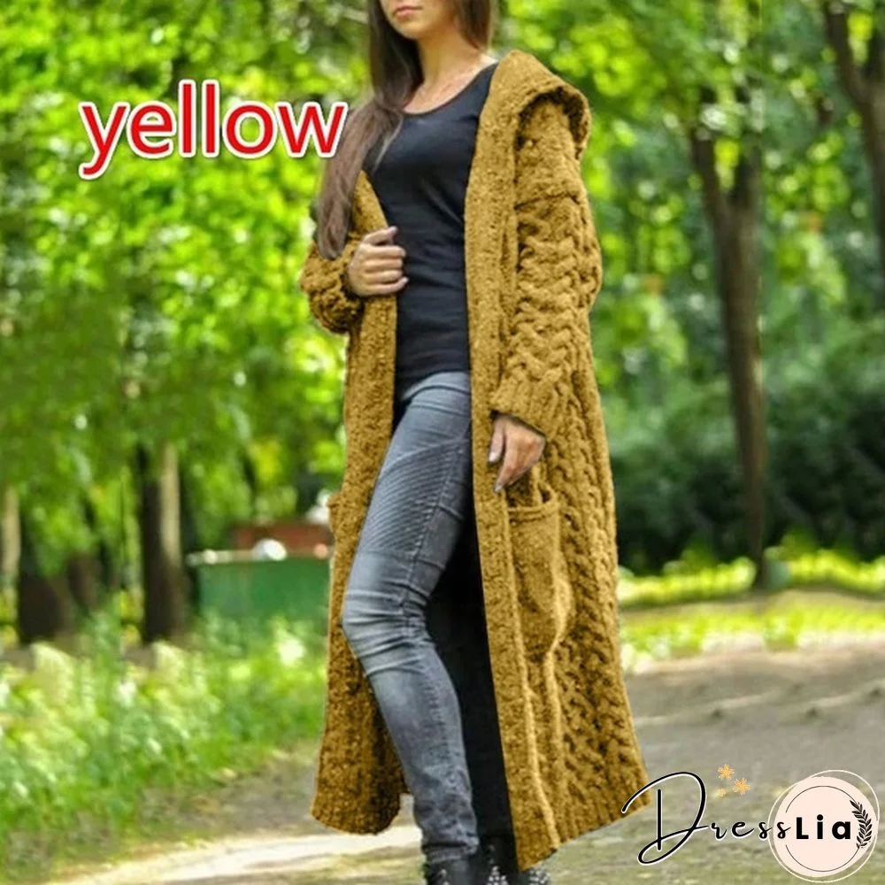 HOT Autumn/Winter Fashion Womens Coat Knit Hooded Sweater Loose Mid-length Casual Streetwear Knitted Cardigan Jackets for Women Outwear vestidos mujer Plus Size casacos de inverno feminino