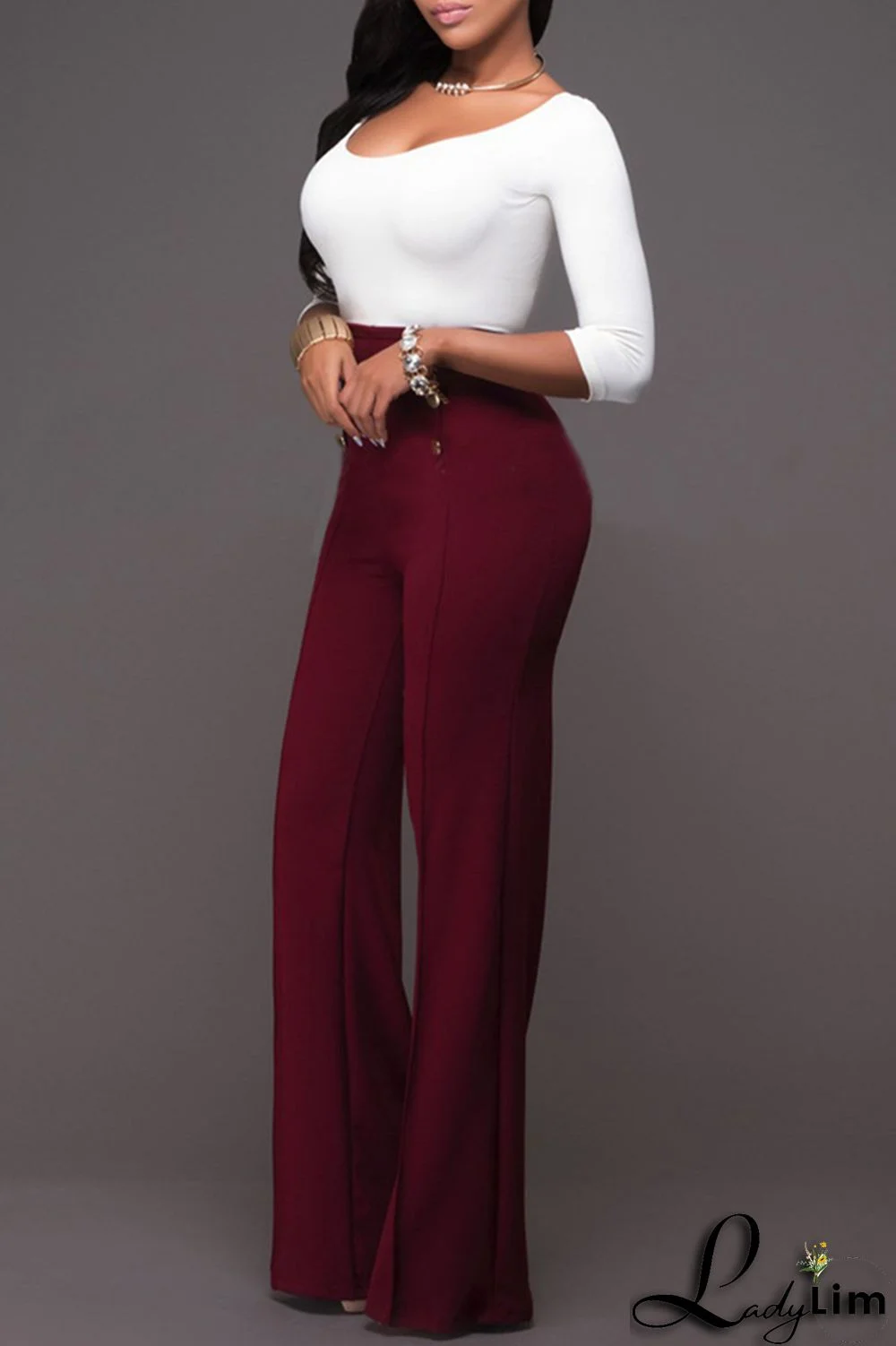 Rose Red Fashion Casual Solid Patchwork Regular High Waist Trousers