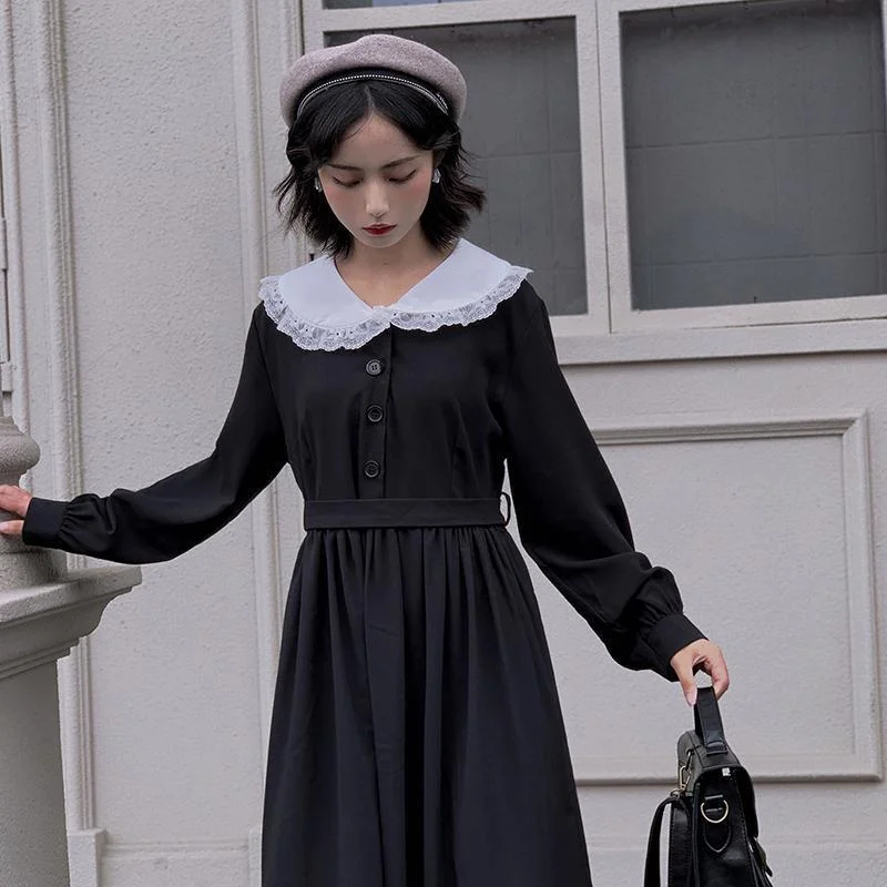 NEDBO Dress Women Full Sleeve Harajuku Gothic Kawaii Lolita Dress Vintage Japan Sweet Peter pan Collar Streetwear Long Vestidos