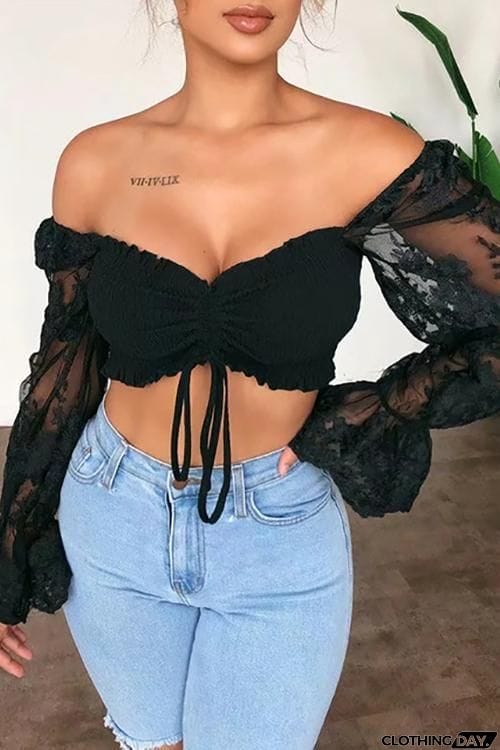 Shirring Detail Frill Hem Leaf Pattern Mesh Top