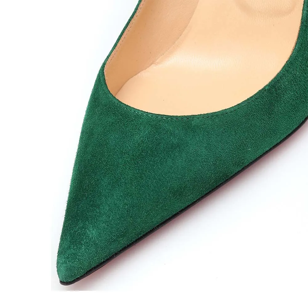 Green Vegan Suede Pointed Toe Decorative Heel Pumps for Women