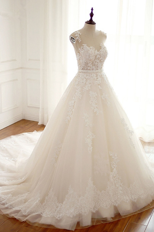 Daisda Gorgeous A Line Jewel Tulle Long Wedding Dress With Appliques Lace