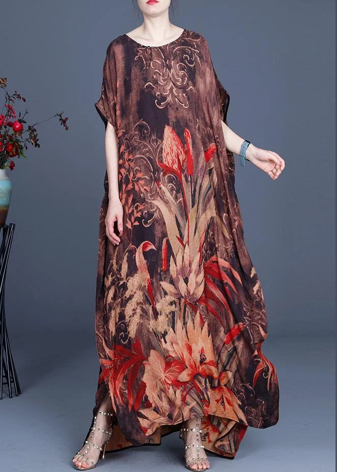 Casual Chocolate Print Silk Asymmetrical Design Low High Design Dresses Summer