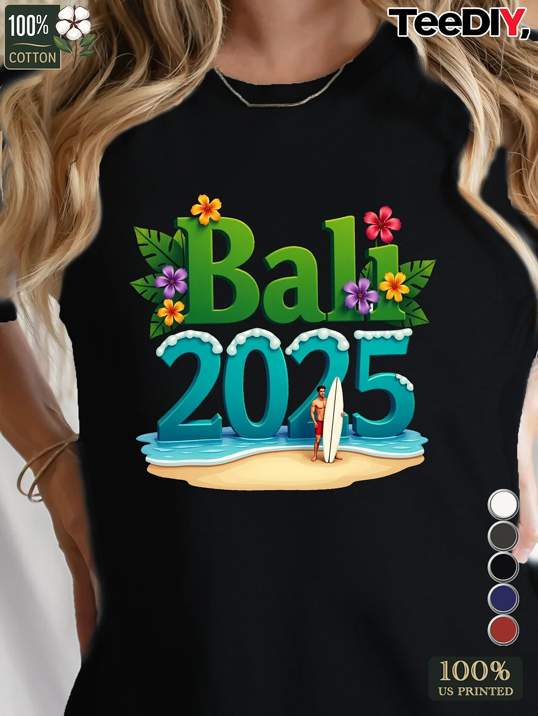 Teediy Bali 2025 Women's Tropical Surfer Beach T-Shirt - Vibrant Geometric Print, Short Sleeve, Crew Neck, Comfort Fit For Casual Wear, Casual Summer Top | Vibrant Beachwear | Fabric | IFYHOME