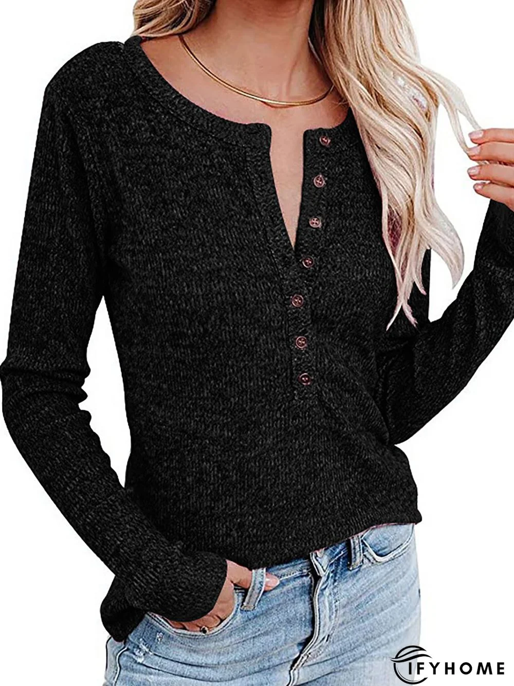 V Neck Casual Regular Fit Solid Knitted Shirts & Tops | IFYHOME