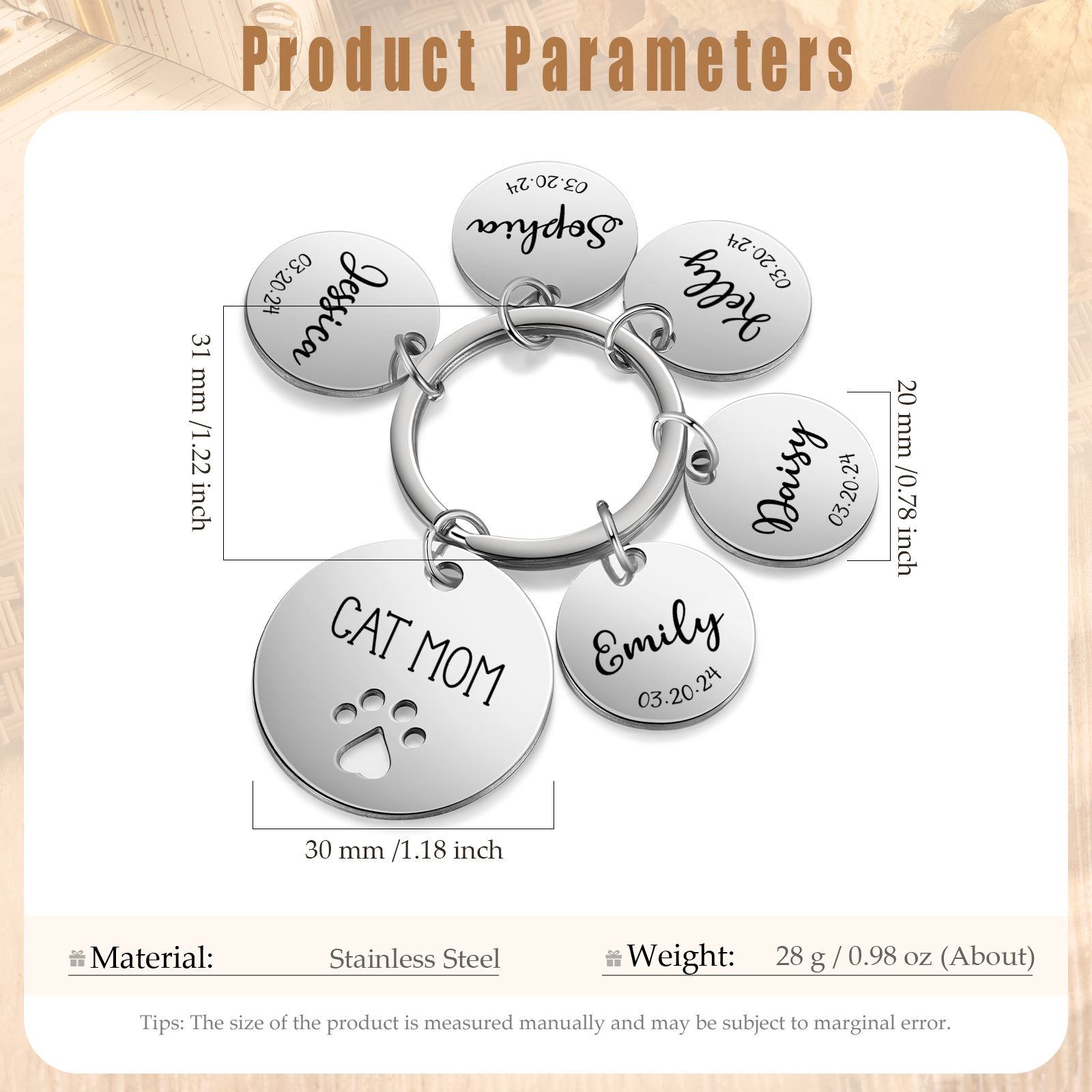 Personalised 5 Names & 5 Dates & 1 Text Keychain Cat Paw Circle Charm Keychain Gifts for Mother/Grandma-Jessemade AU