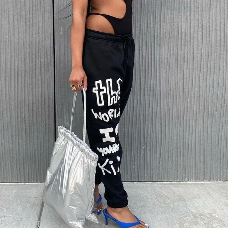 ABEBEY-The World Yours Kid Sweatpants Streetwear Women Drawstring Low Rise Fleece Baggy Joggers Baddie Clothes C85-CZ30
