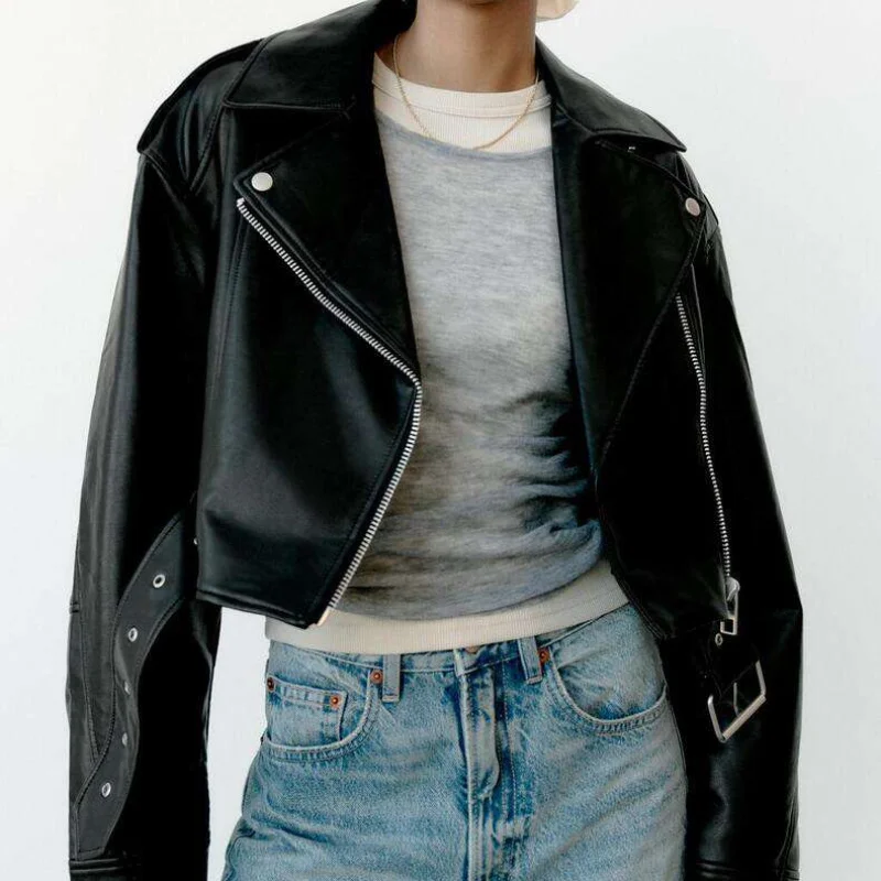 Zipper Pockets Faux Leather Jacket Coat Women Fashionb Vintage Long Sleeve Lapel Collar Jackets Female Fashion Outerwear Tops