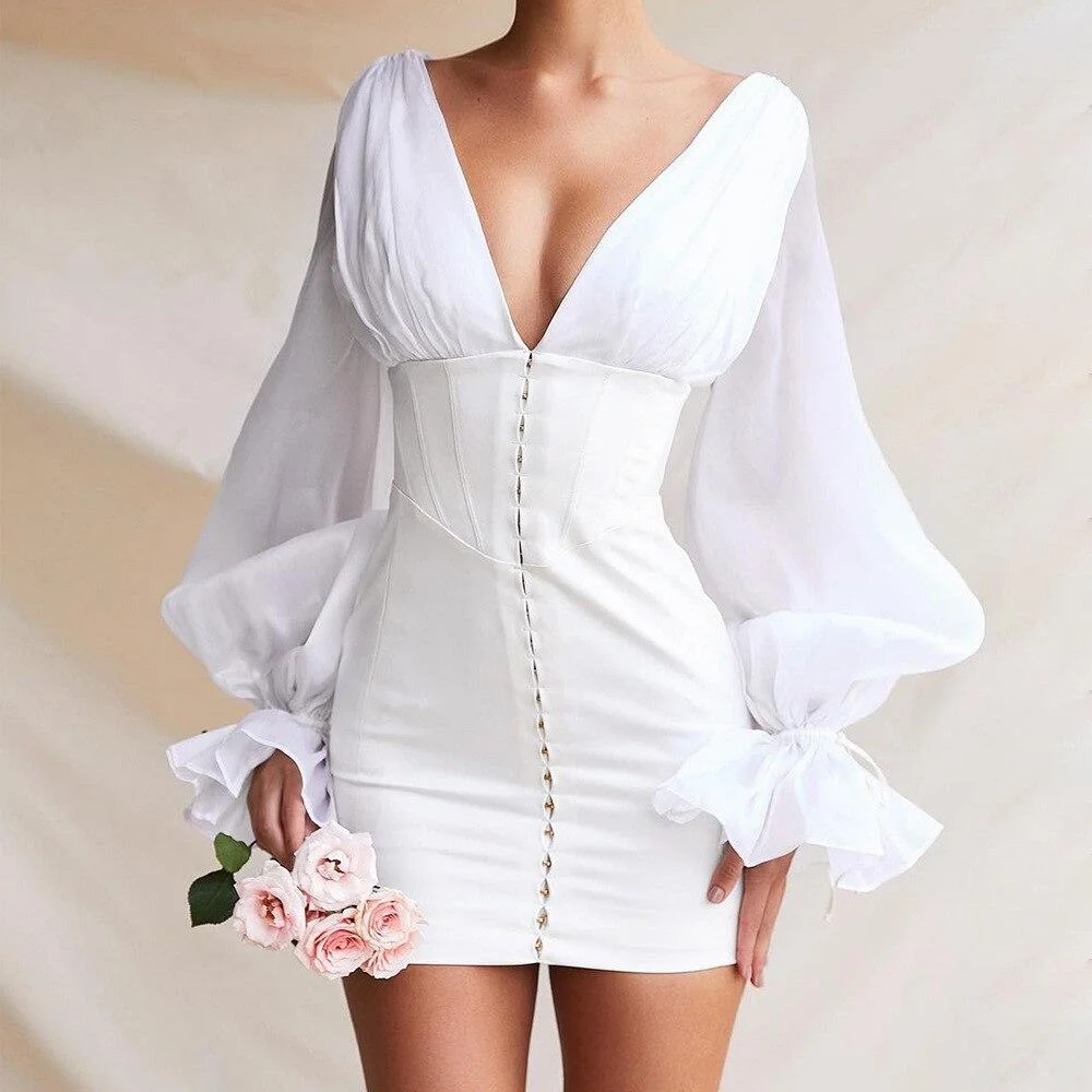 Justchicc Deep V Neck White Elegant  Dress Lantern Sleeves High Waist Satin Party Club Dress Slim Bodycon 2023 Vestdios