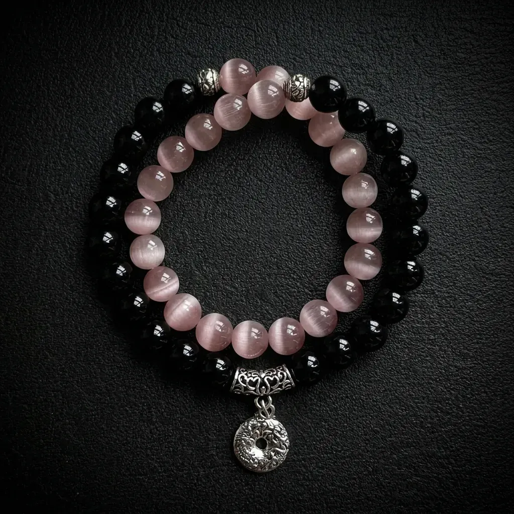 JiStones "Serene Shadow" Double-Layered Bracelet | Natural Black Obsidian & Mauve Cat's Eye