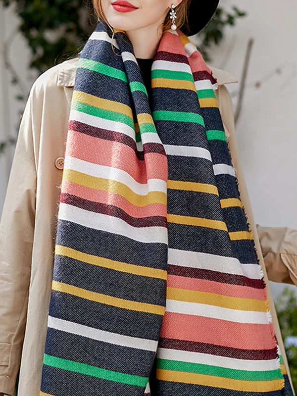 Contrast Color Fringed Keep Warm Multi-Colored Striped Shawl&Scarf