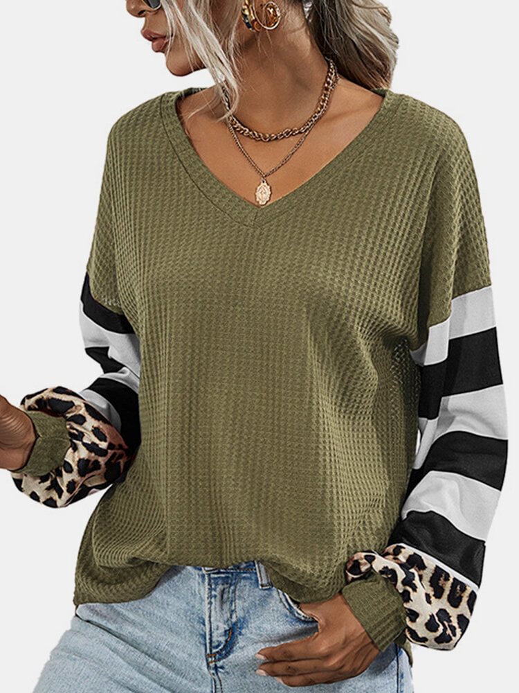 Patched Leopard Stripe Printed Long Sleeve T Shirt For Women P1769649