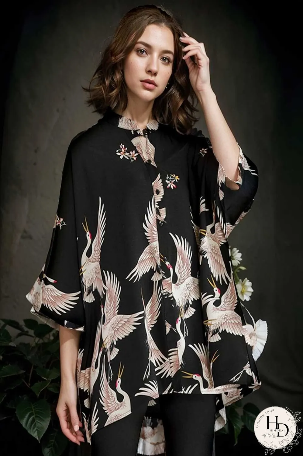 size curve blouses crane print loose oversized blouse