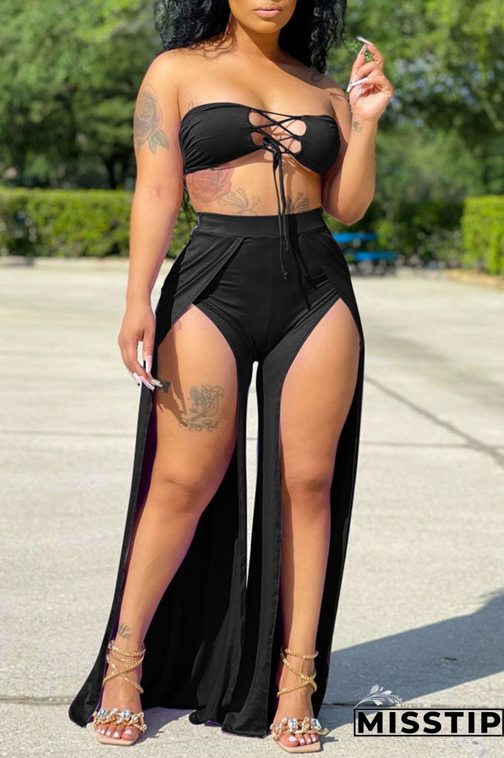 Orange Sexy Solid Hollowed Out Backless Slit Strapless Sleeveless Two Pieces