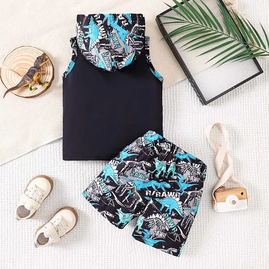 【18M-8Y】Boys' Sleeveless Cartoon Dinosaur Hooded Pullover + Shorts Set