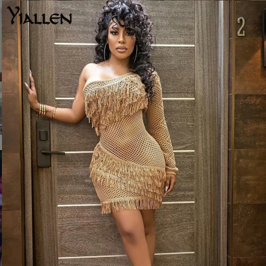 Yiallen Autumn New Fashion Sexy See Through One Shoulder Tassel Mini Bodycon Dress Women Y2K Streetwear Beach Club Night Dress