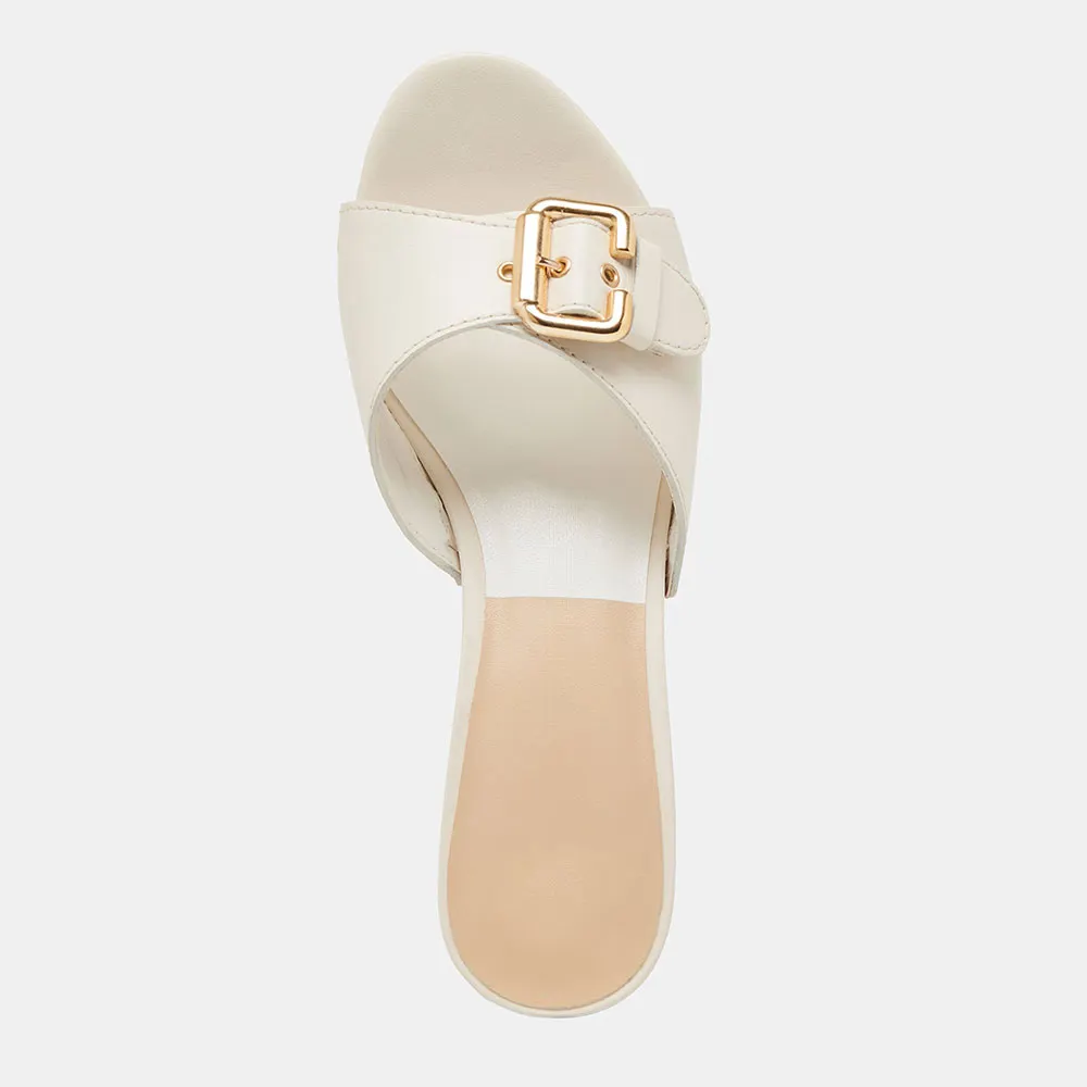 White Open Round Toe Studded Platform Mules Sandals with Buckle