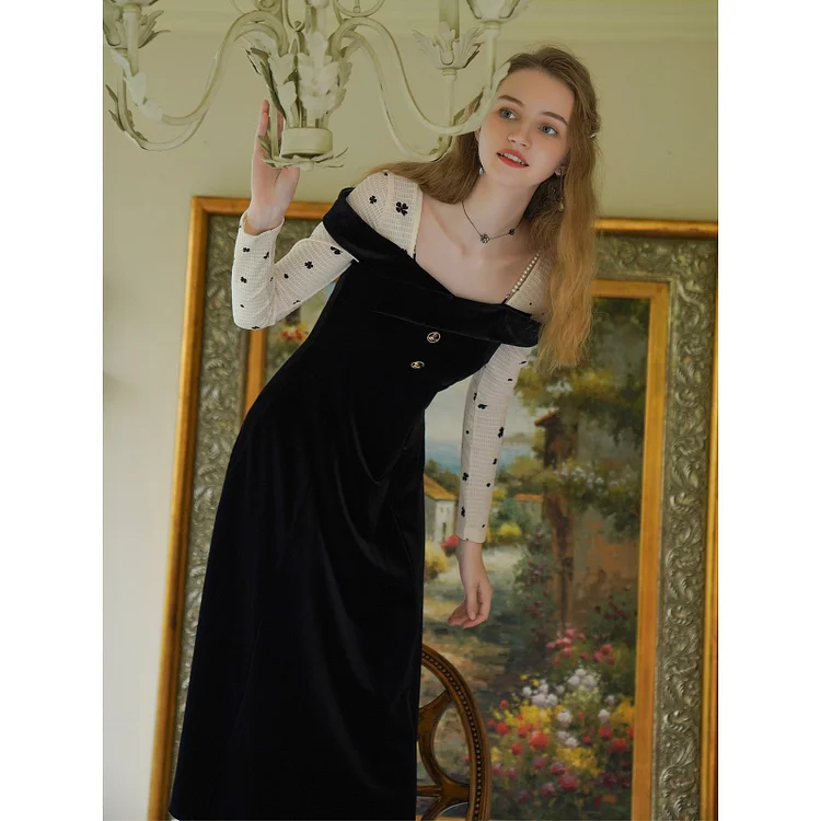 Fairy Tales Aesthetic French Style Fake 2pcs Velvet Dress QueenFunky