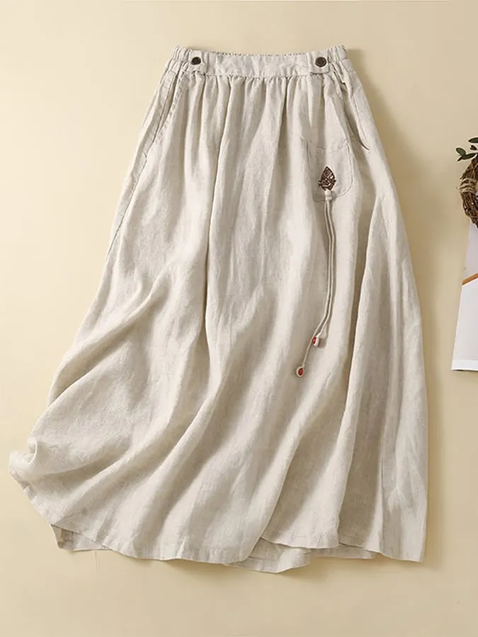 Cotton Linen Semi-elastic Waist Pocket Casual Skirt