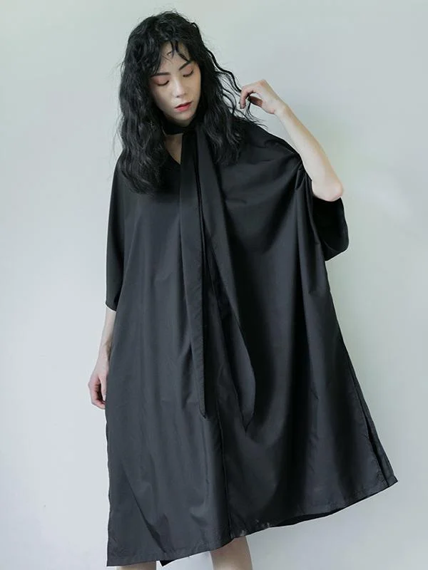 Simple Black Lace-up Batwing Sleeves Dress