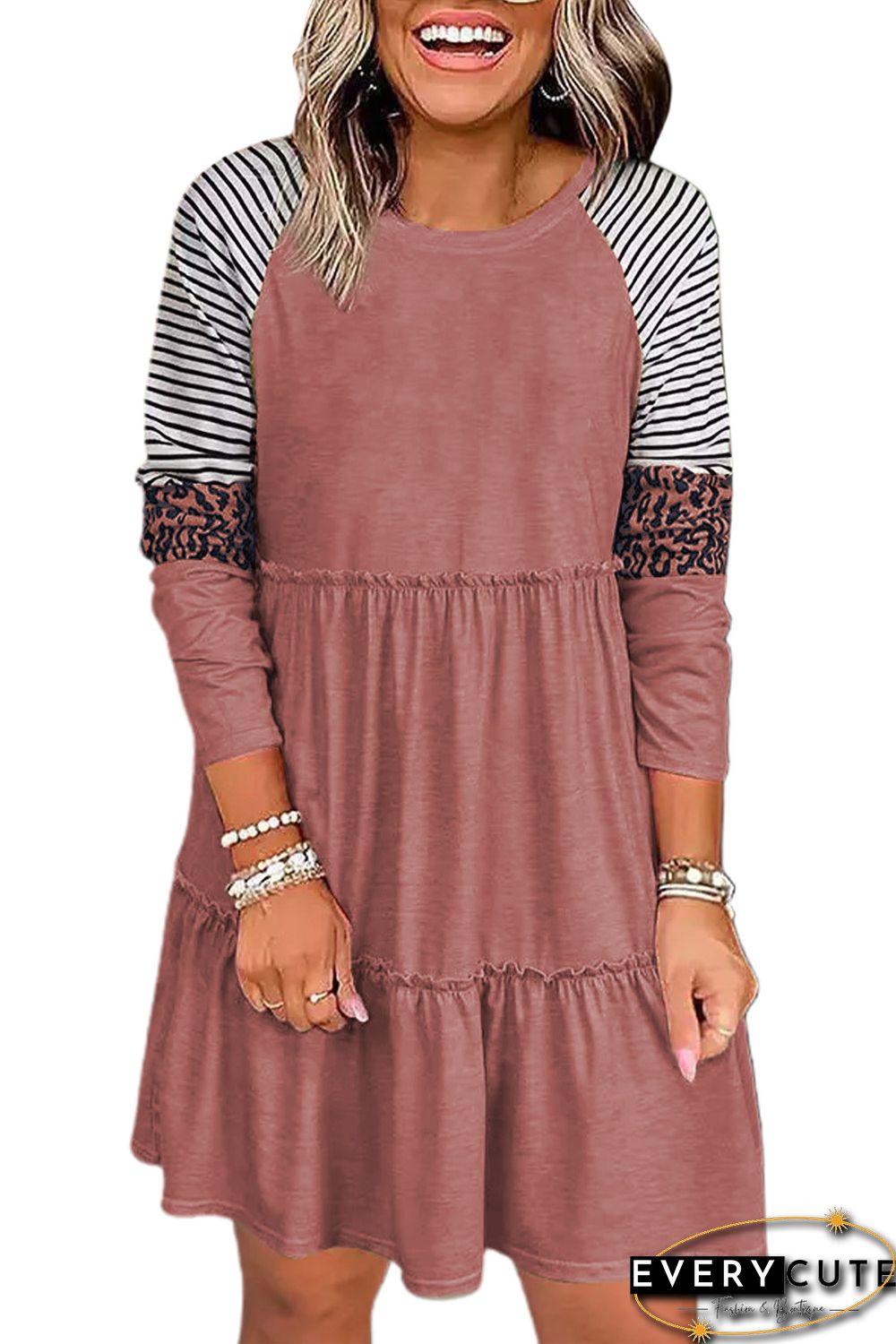 Pink Striped Leopard Patchwork Long Sleeve Mini Dress