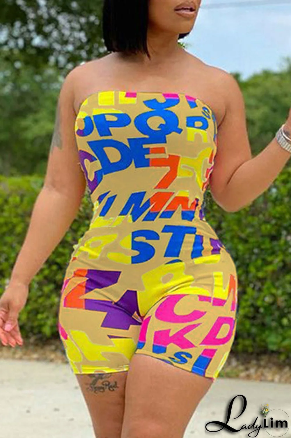 White Fashion Sexy Letter Print Backless Strapless Skinny Romper