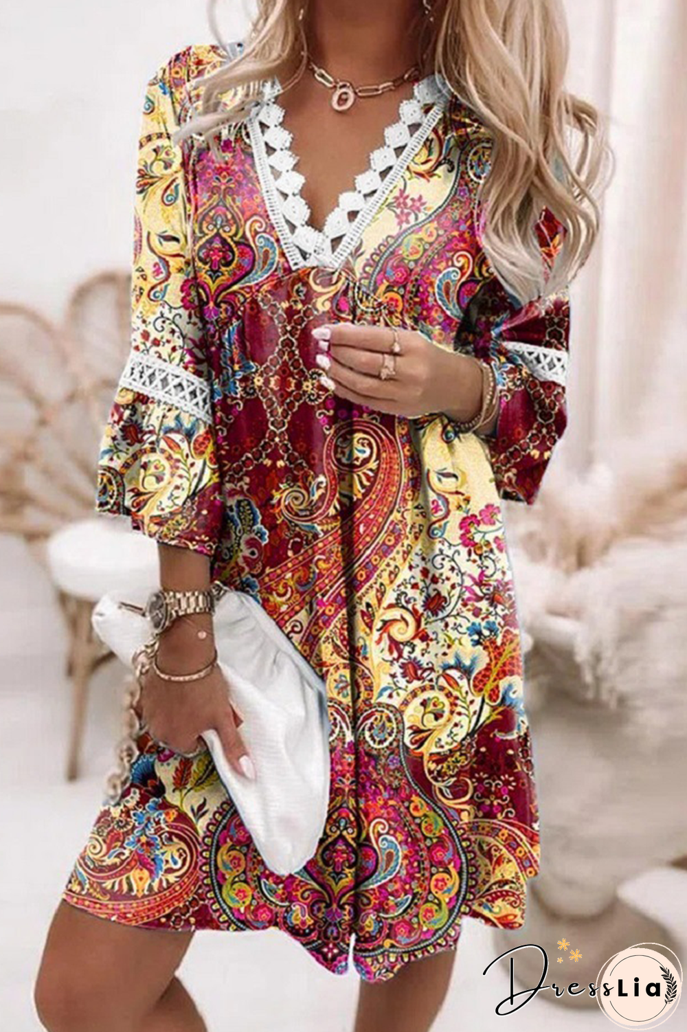 Casual Print Split Joint V Neck Straight Dresses(6 Colors)