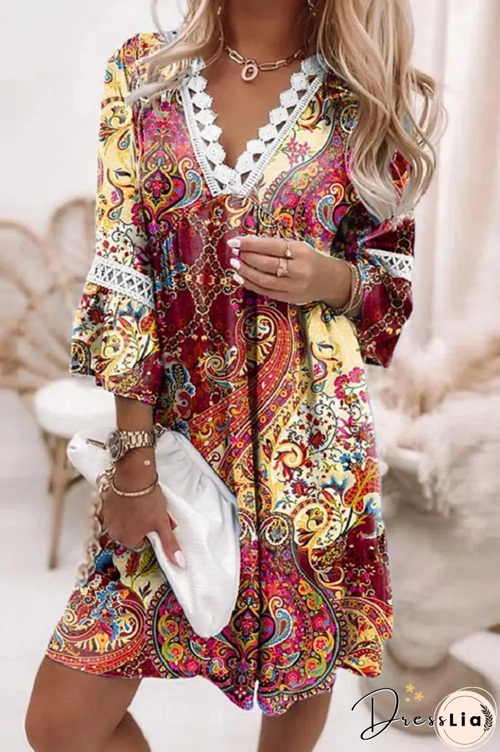 Casual Print Split Joint V Neck Straight Dresses(6 Colors)