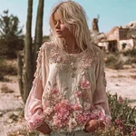 Vintage Floral Lace Embroidered Boho Women's Linen Long Sleeve Shirt - Image 2
