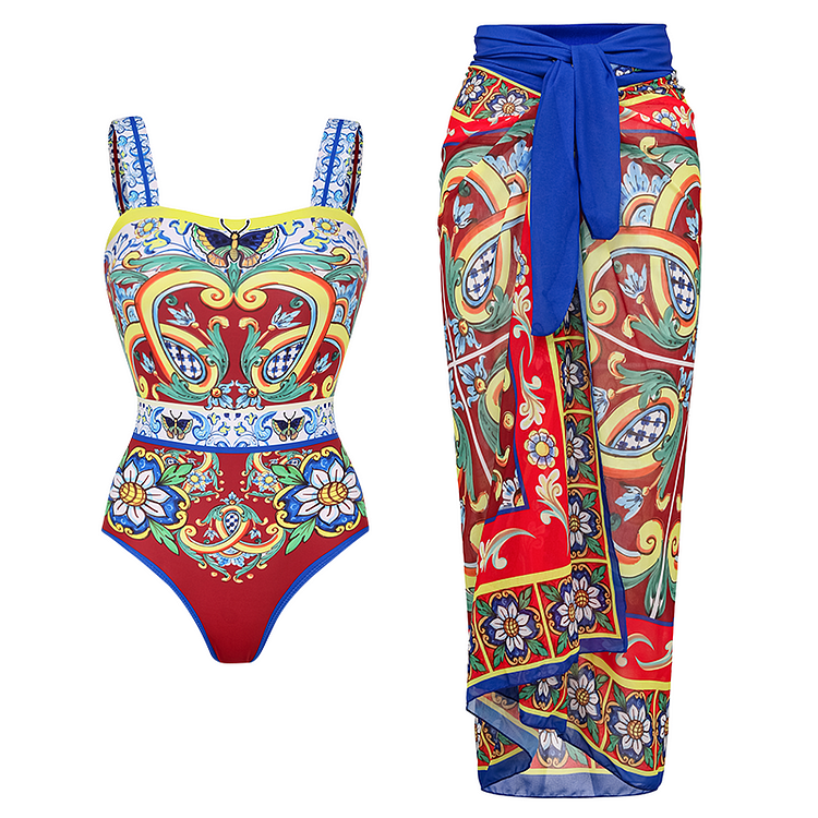 Sling Printed  One Piece Swimsuit and Skirt