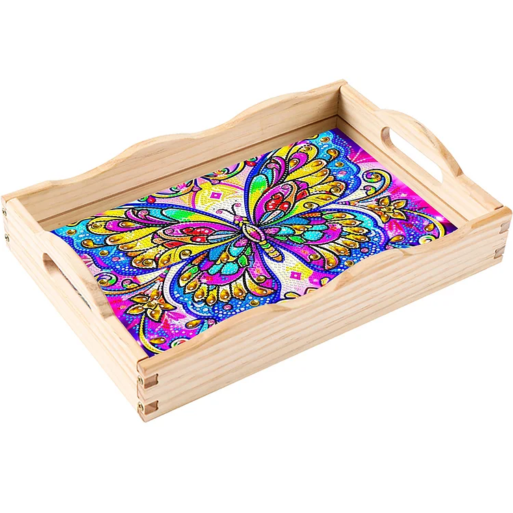 Wooden Butterfly Pattern 5D DIY Diamond Painting Table Serving Tray with Handle gbfke