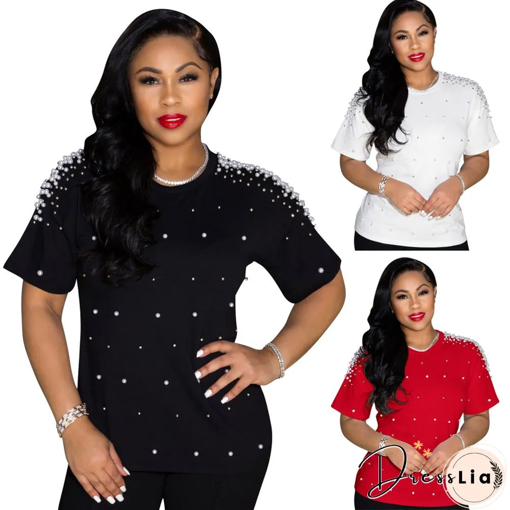 Plus Size Summer Round Neck Casual Short Sleeves Round Neck Bead Nail Decoration Women T-Shirt