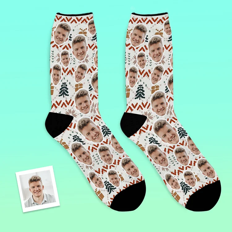 Custom Photo Socks Christmas Socks Christmas Knitted Pattern Design Holiday Socks