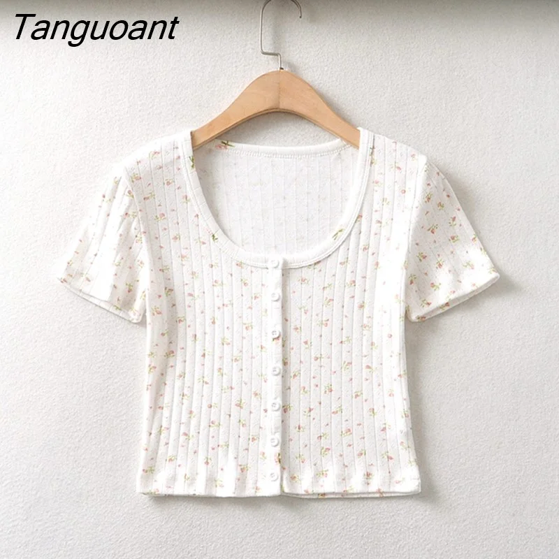 Tanguoant 70s Vintage O neck Floral Short Sleeve Tee Base T-shirts Summer Girl Single-breasted Button Short T-shirt crop top