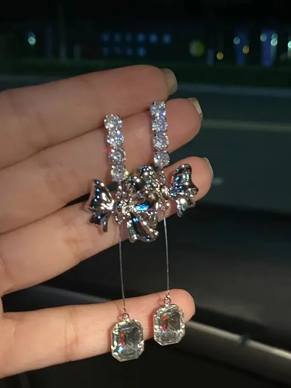 Brownm zircon pendant earrings with bow