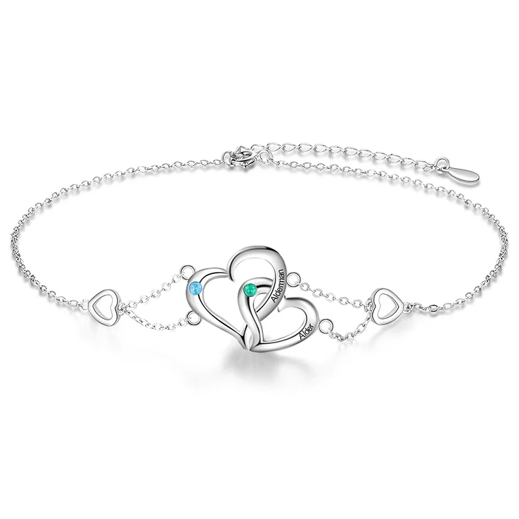 Personalized Heart Anklet with 2 Birthstones Engraved Names Anklet