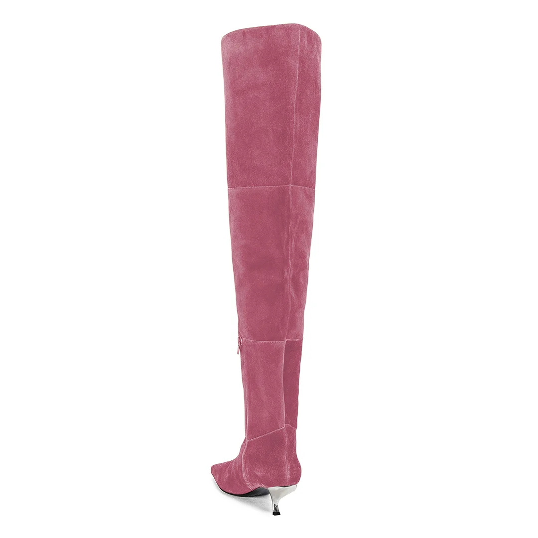 Pink Patchwork Square Toe Metal Comma Heel Thigh High Boots