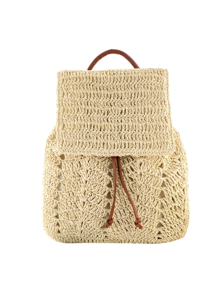 Fashion Straw Shoulders Backpack Hand-Woven Women Beach Holiday Bucket Bag
