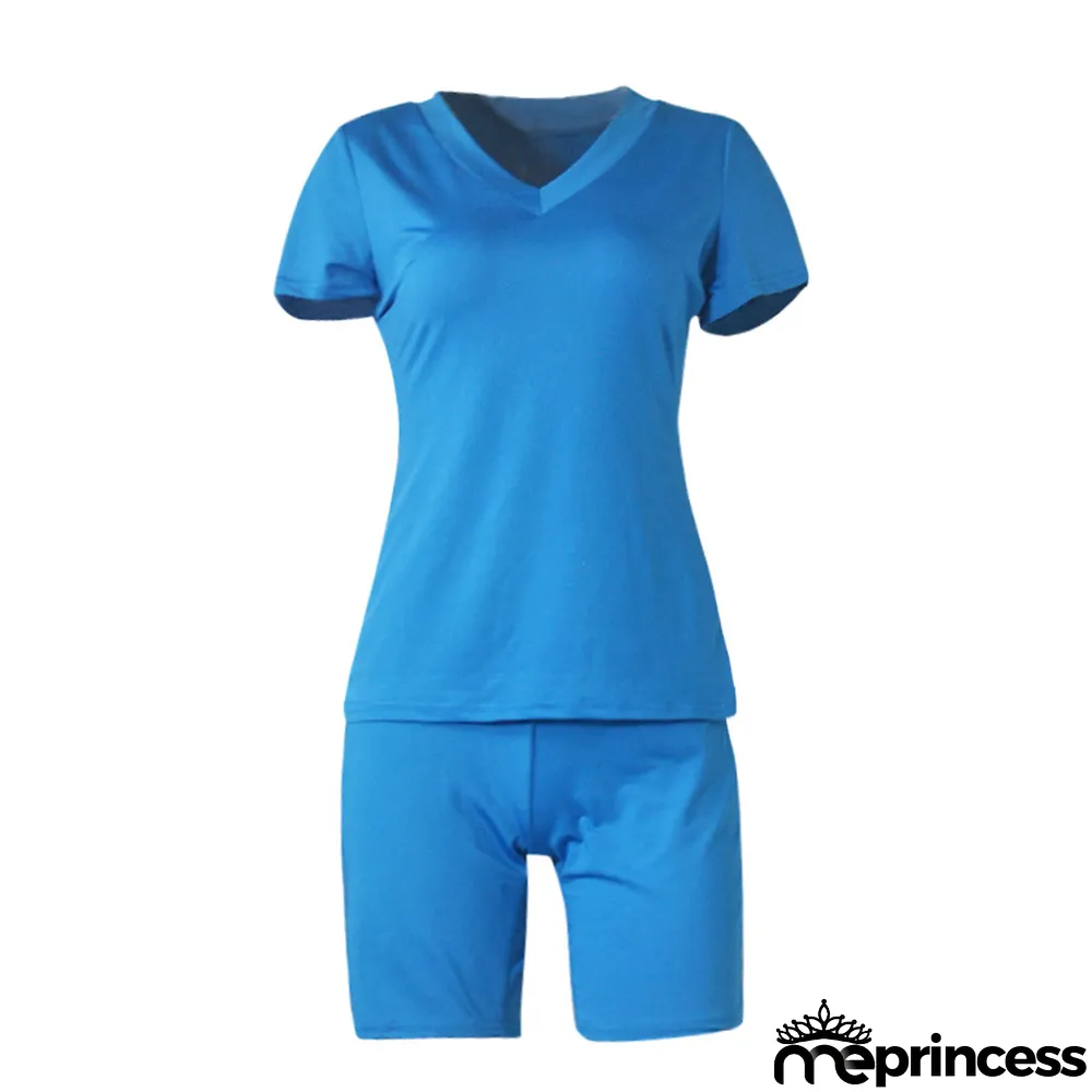 Plus Size Solid V Neck T Shirt And Shorts 2 Piece Sets