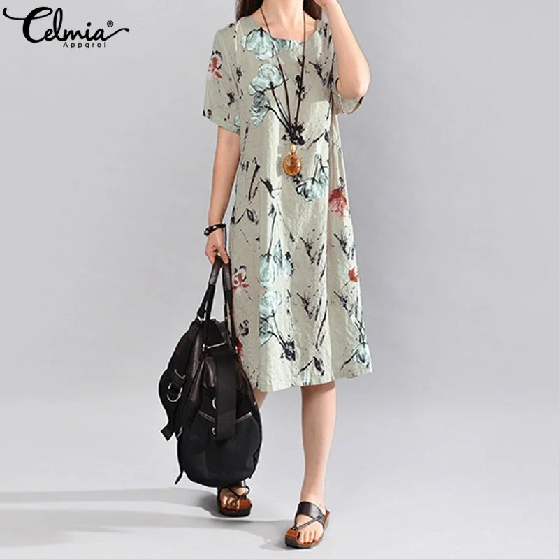 Celmia Bohemian Long Dress 2022 Summer Vintage Women Short Sleeve Floral Print Midi Sundress Loose Casual Party Beach Vestidos
