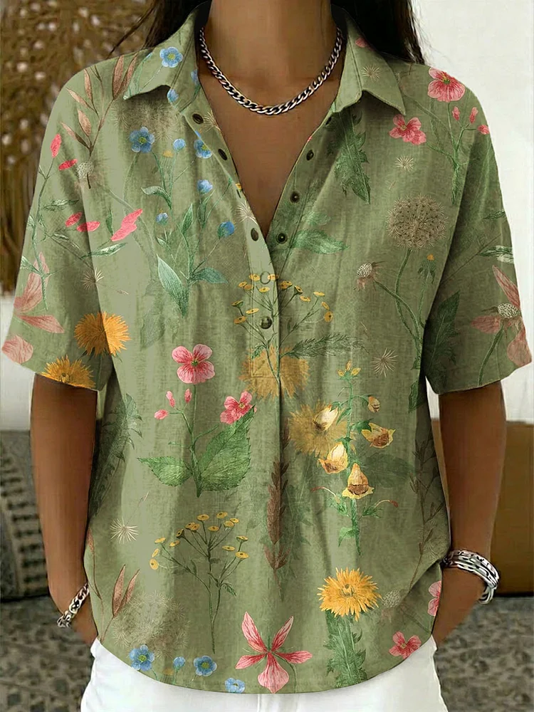 Women's Floral Print Casual Cotton-linen Shirt