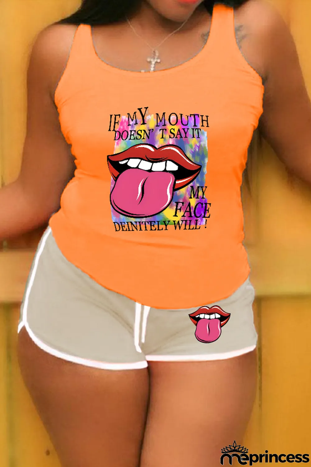 Orange Green Street Lips Printed Patchwork U Neck Sleeveless Two Pieces