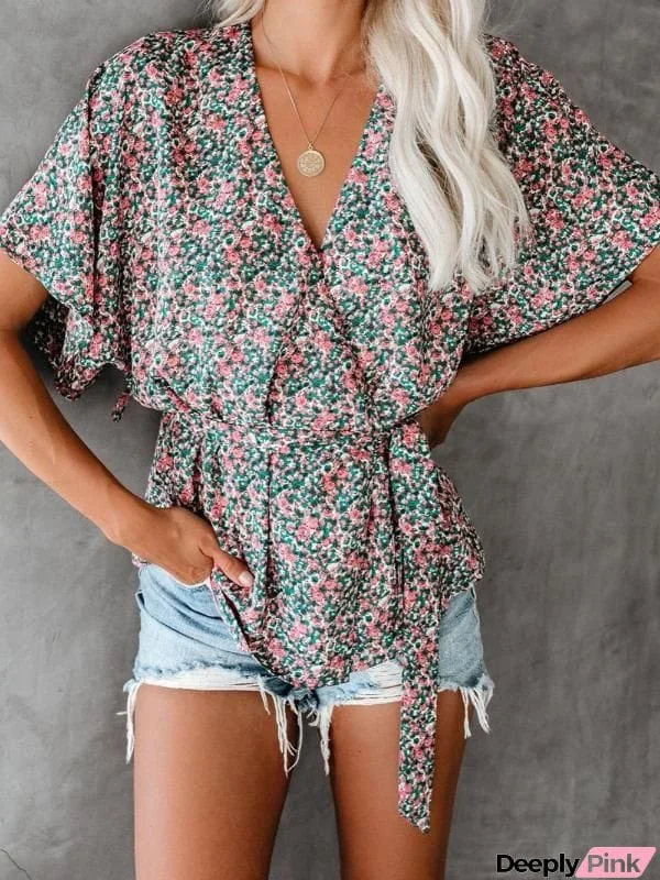 Chiffon wrap printed waist tie up shirt