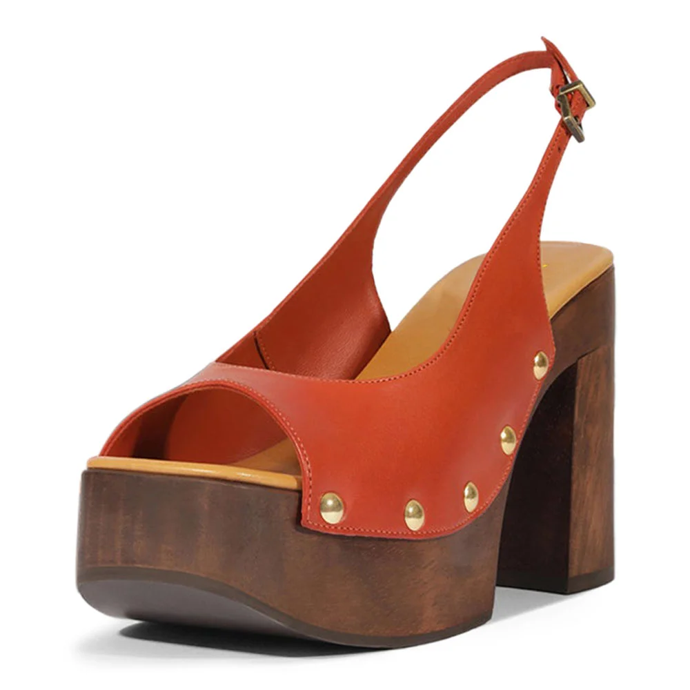 Orange Open-Toe Slingback Platform Block Heel Sandals with Studs
