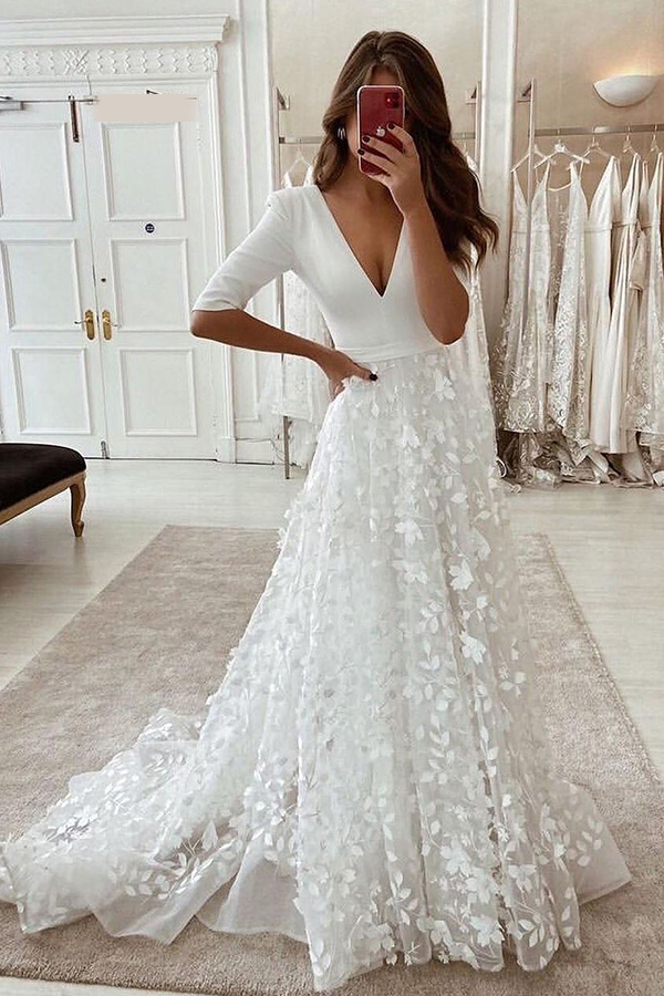  Deep V-neck A-line Side Split Wedding Dress with Lace