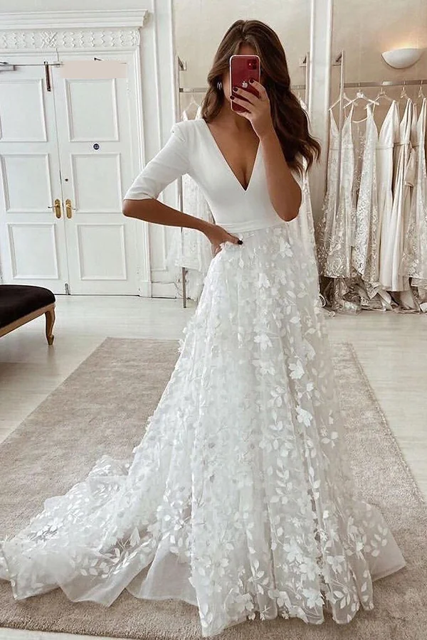 Luluslly Deep V-Neck Side Split Wedding Dress With Lace