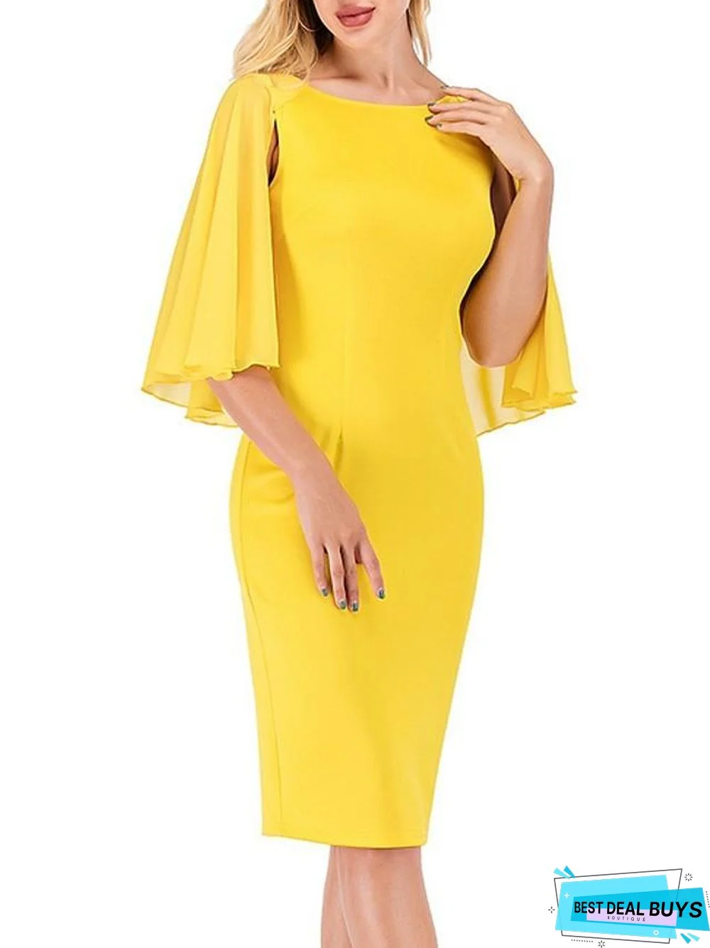 Women's Sheath Dress Knee Length Dress Yellow Half Sleeve Solid Color Print Summer Round Neck Hot Sexy