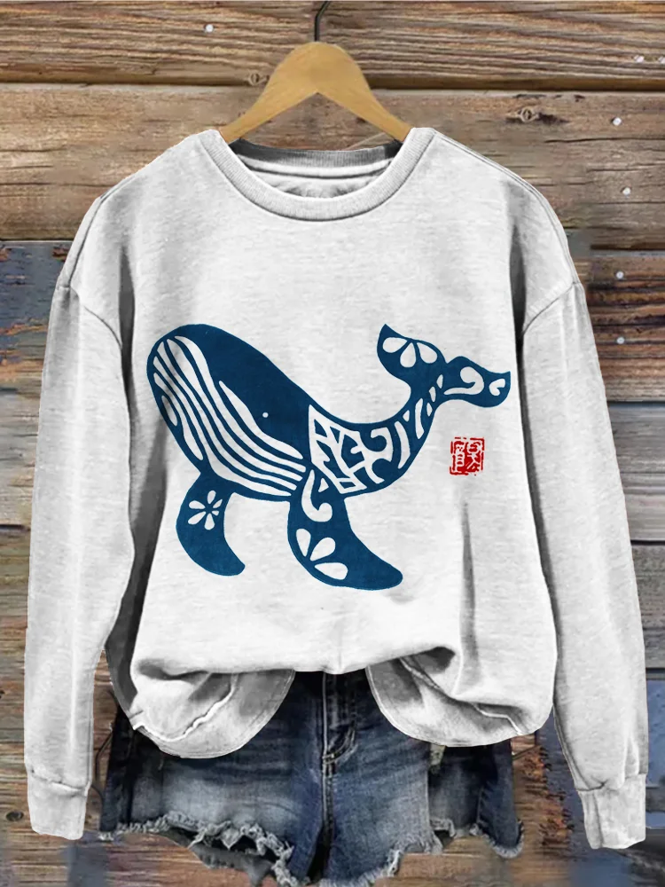 Humpback Whale Japanese Lino Art Cozy Sweatshirt